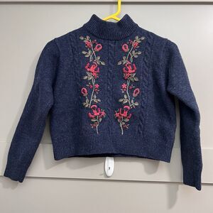 Meadows Filbert Knit Wool Crop Sweater Sz 4 Blue Floral Embroidered Feminine